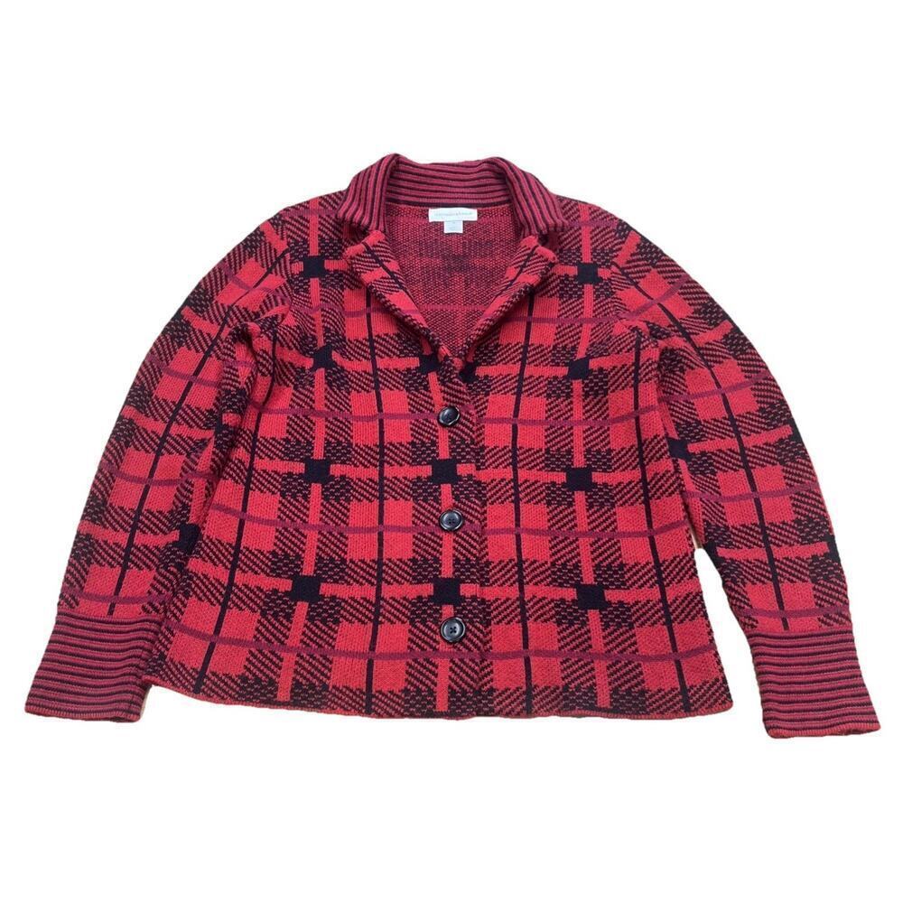 CHRISTOPHER & BANKS Knit Sweater Blazer Red Black Plaid Sz Medium Career Mature